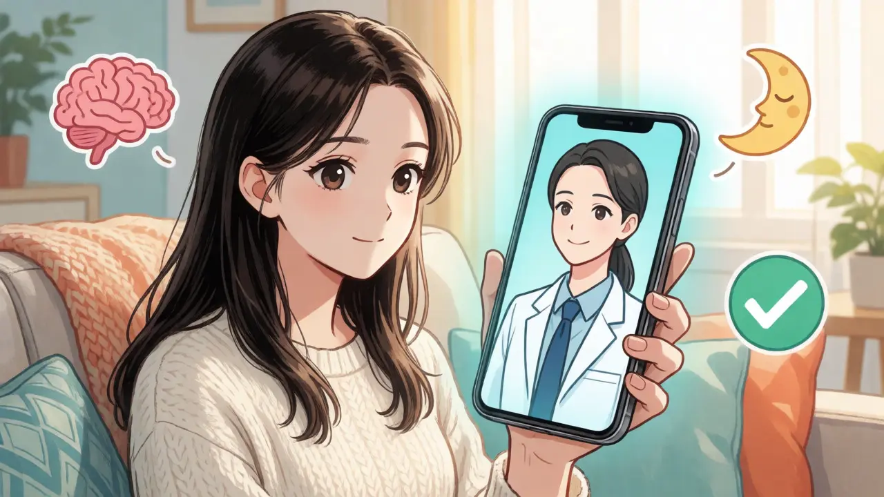 Jeune femme effectuant une téléconsultation psychiatrique depuis son salon via smartphone.