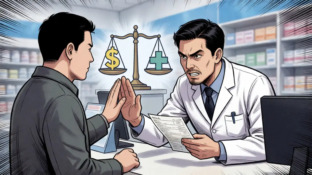 Scène dramatique au comptoir d'une pharmacie entre un patient hésitant et un pharmacien déterminé.